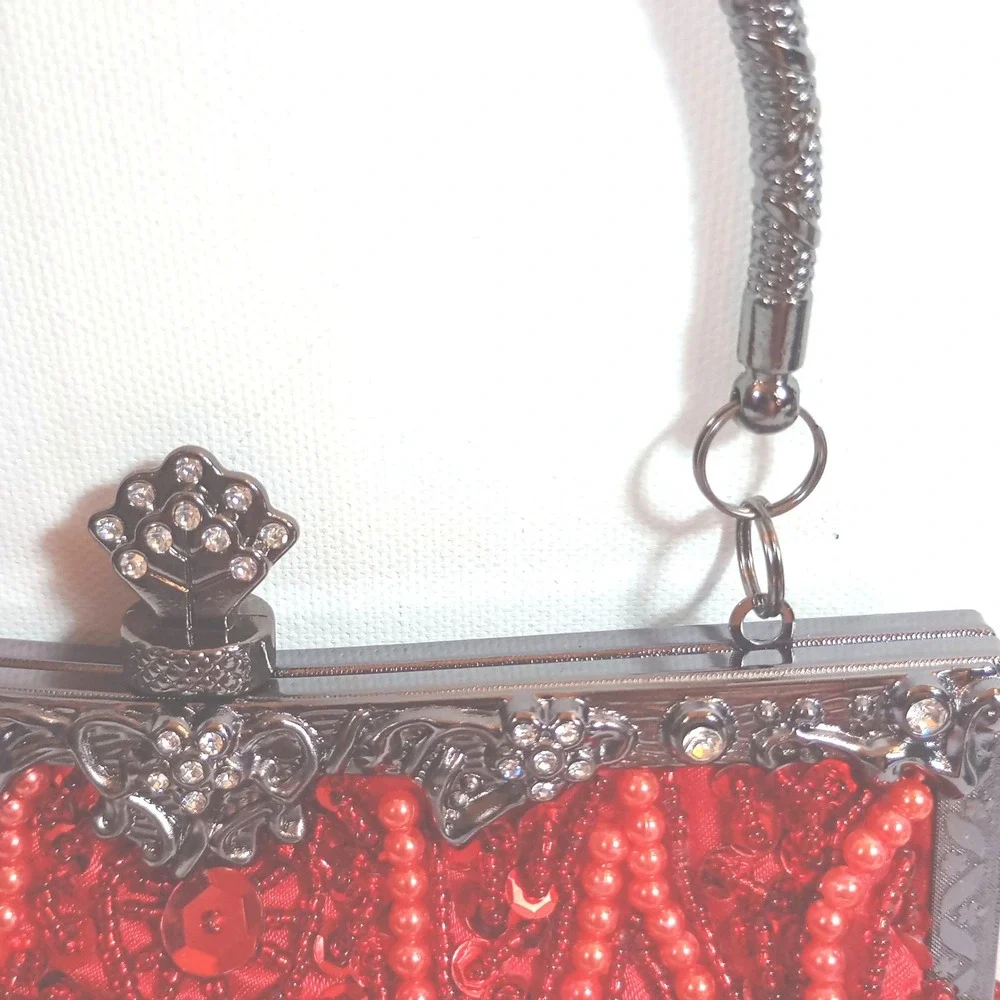 Red Beaded Sequin Evening Clutch Bag Gunmetal Hardware Floral Vintage Style